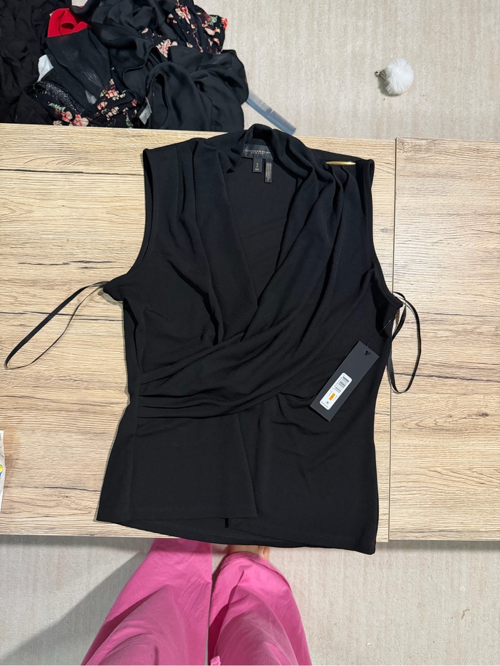 Donna Karan Black Sleeveless Surplice Tie-Detail Blouse